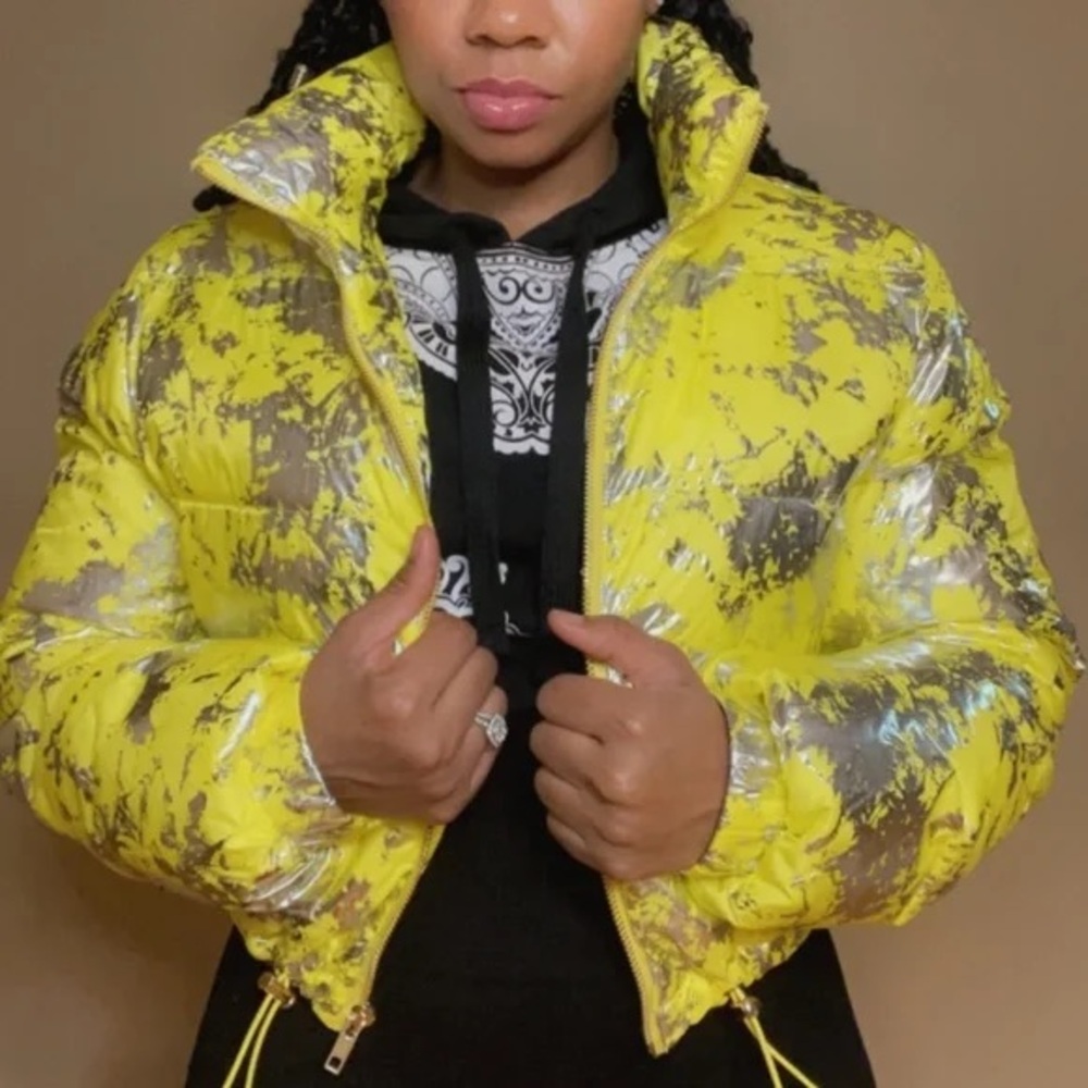 Neon and Silver Puffer Crop Top Jacket
